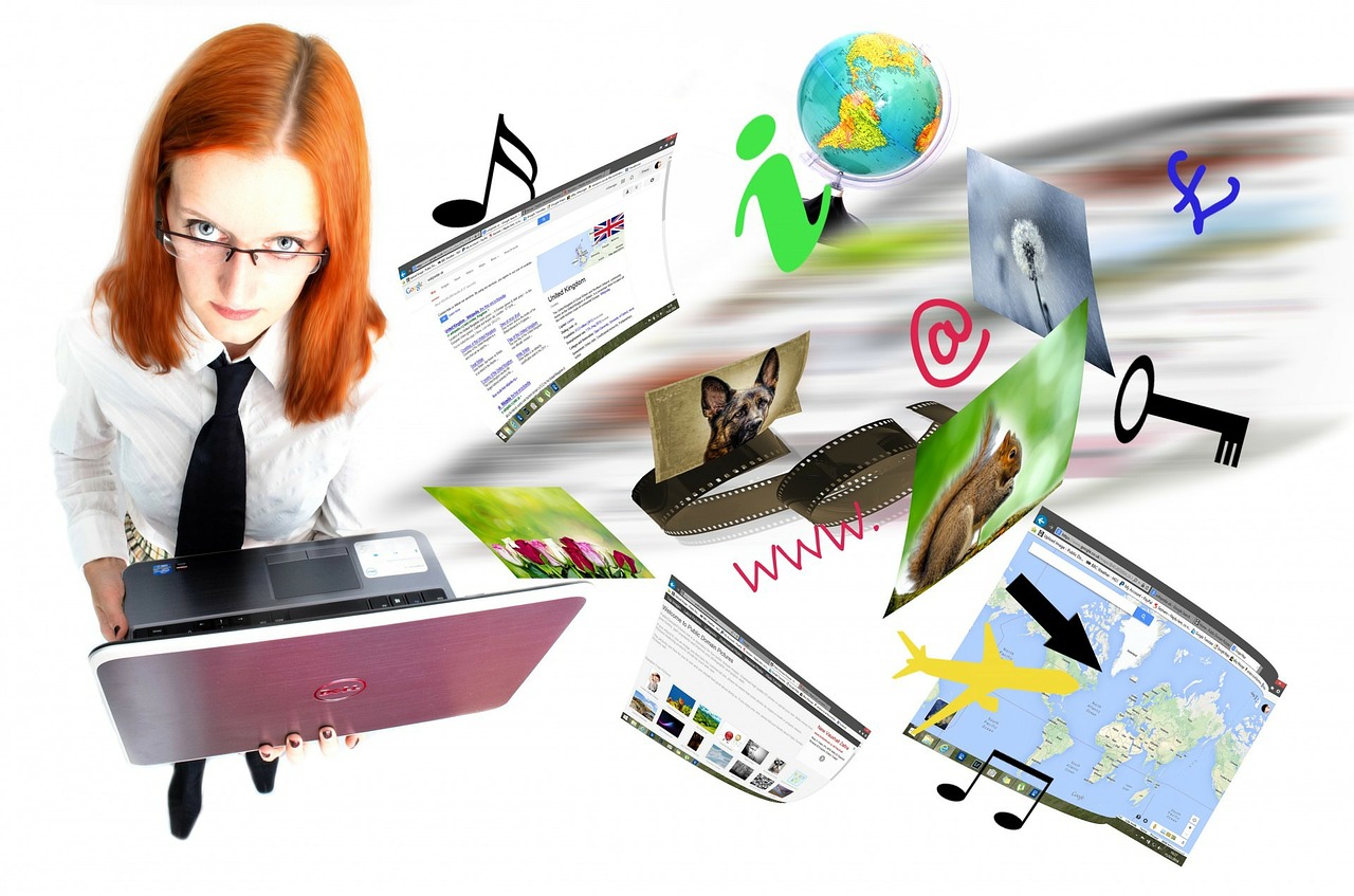 Woman with objects flying out of her laptop