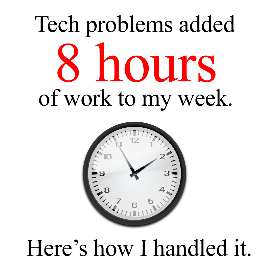 A black and white analogue clock with the caption, “Tech problems added 8 hours of work to my day. Here’s how I handled it.”