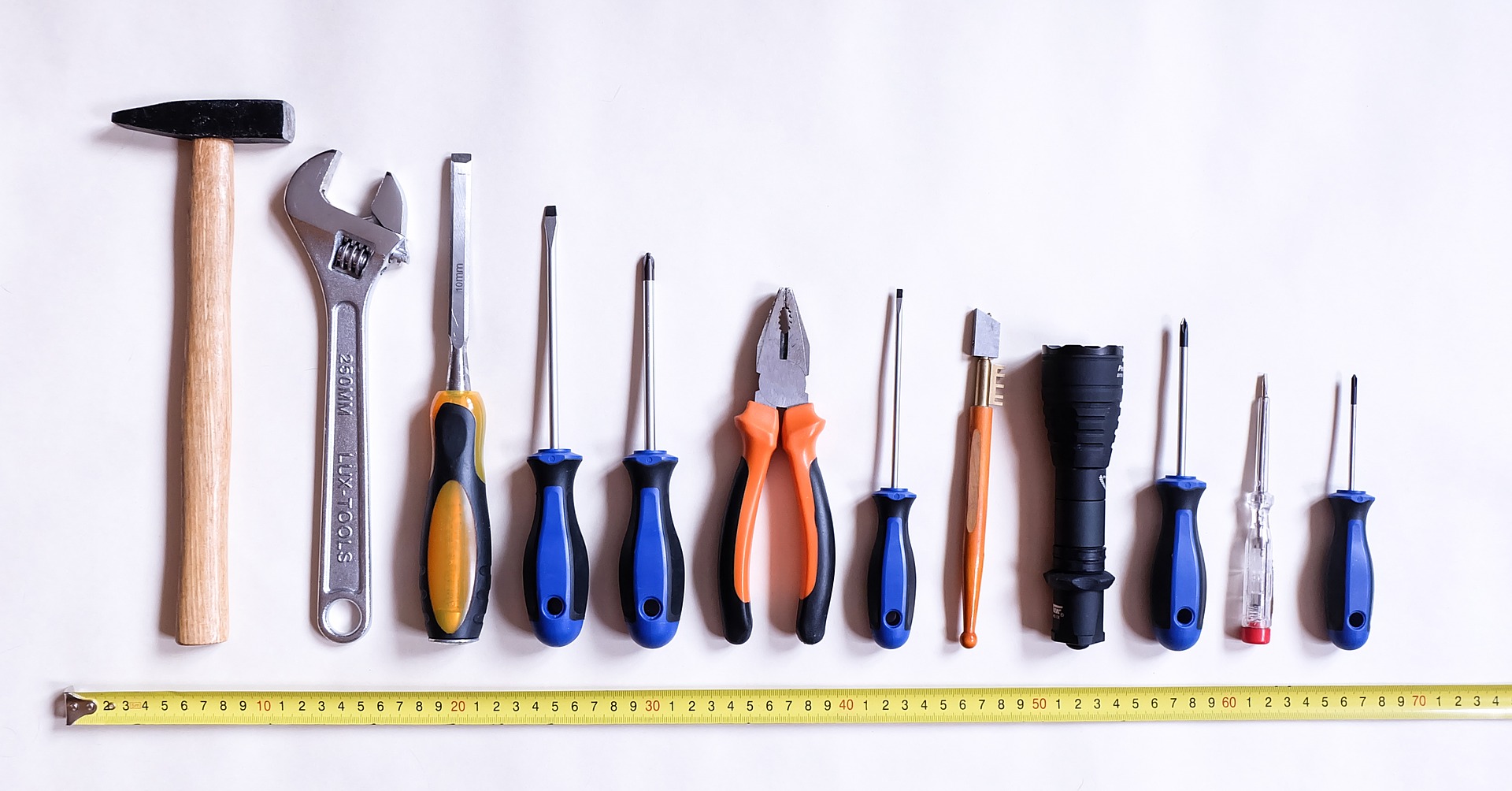 A row of assorted tools
