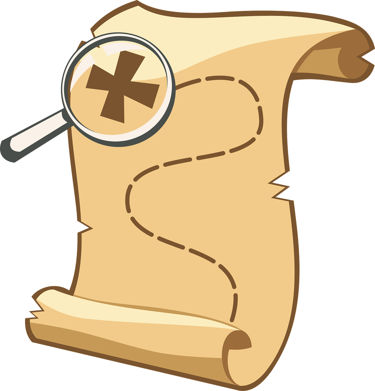 A cartoon picture of a treasure map, with a magnifying glass over the X.