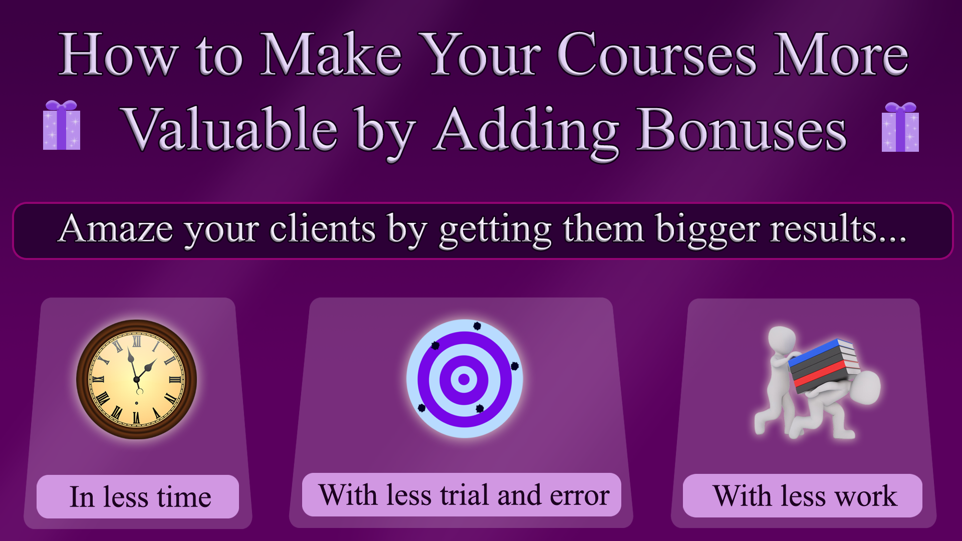 A square purple image with a headline that reads, “How to Make Your Courses More Valuable by Adding Bonuses”. Below that headline, there’s a line that reads, “Amaze your clients by getting them bigger results…” Below that, there are three boxes. One has a clock and the words, “In less time”; the second has a bulls-eye with multiple holes and the words, “With less trial and error”; the third has a person carrying a stack of books on their back while the other person reads the books, and its text reads, “With less work”.